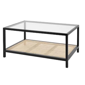 Odell 36 in. Black Rectangle Glass Top Coffee Table with Natural Cane Accents