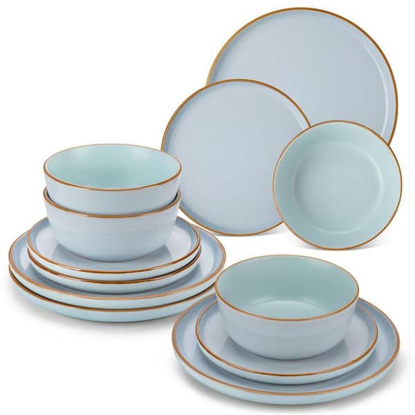 12-Piece Blue Stoneware Dinnerware Set Service for 4 Speckled Bowl and Plate Set with Dinner Plates Dessert Plates Bowls