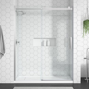 Claridge 60 in. W x 75.98 in. H Sliding Frameless Shower Door in Brushed Nickel Finish with Clear Glass