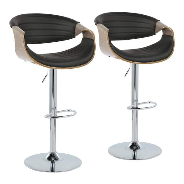 Lumisource Symphony 42.5 in. Black Faux Leather, Light Grey Wood & Chrome Metal Adjustable Bar Stool with Oval Footrest (Set of 2)