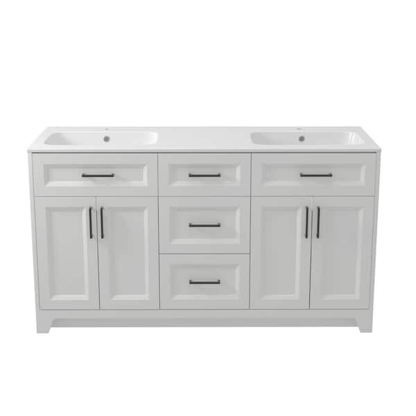 Getpro 60 in. W x 22 in. D x 34.1 in. H Freestanding Solid Wood Bath Vanity and Solid Surface Top Dual Basin Bath Cabinet White