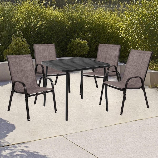 Metal Outdoor Dining Chair with Armrest and High Backrest in Brown Set of 4 for Garden, Patio, Pool, Beach, Yard