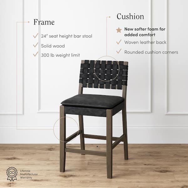 Cohen 24 in. Mid-Century Modern Wood Counter Height Bar Stool, with Woven Faux Leather Back for Kitchen, Black