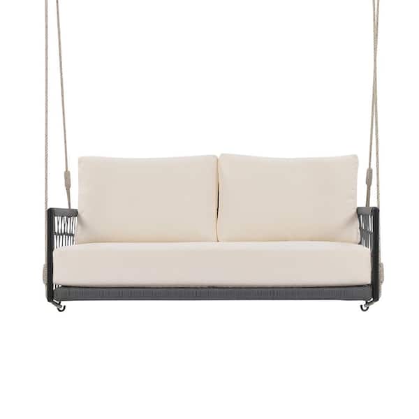 ITOPFOX 1 Piece Black Plastic Woven Rope Outdoor Swing Sofa with Soft Seating 2 for Patio, Courtyard and Balcony Beige Cushions
