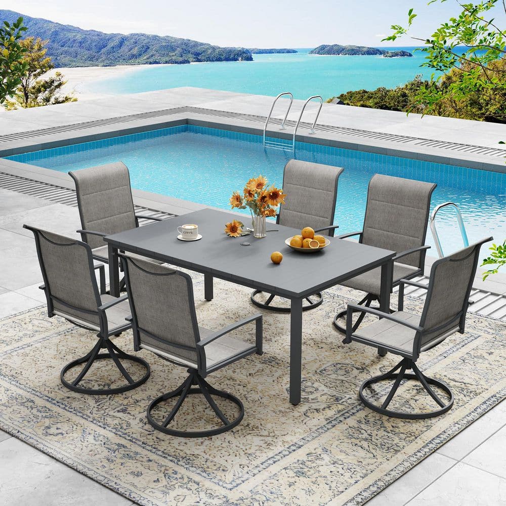 7-Piece Metal Textilene Outdoor Patio Dining Set with 63 in. Gray Rectangle Table and 6 Swivel Dining Chairs in Gray price history on PriceWatchPro