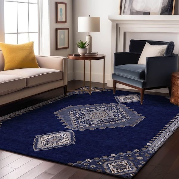 Mayfield Premium Machine Washable Abstract AMF1014 Navy 8 ft. x 10 ft. Area Rug