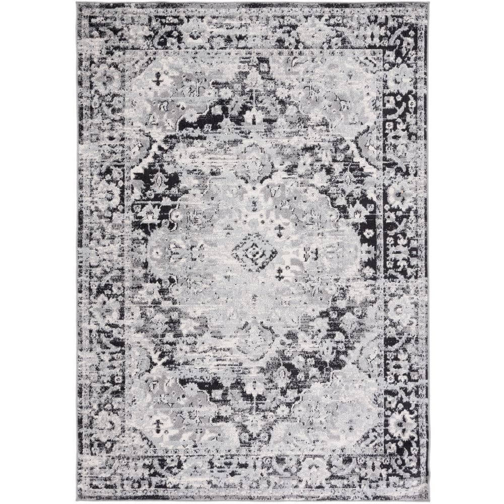 Madison Black and Gray Floral Bordered 9' x 12' Area Rug