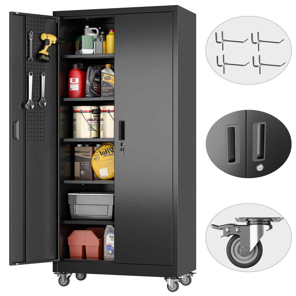 71 in. H x 34 in. W x 18 in. D Metal Garage Storage Freestanding Cabinet with Pegboards, 5-Adjustable Shelves in Black price history on PriceWatchPro