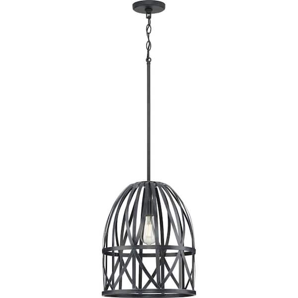 Chastain Collection 1-Light Textured Black Cerused Black Oak Basket Farmhouse Pendant Light