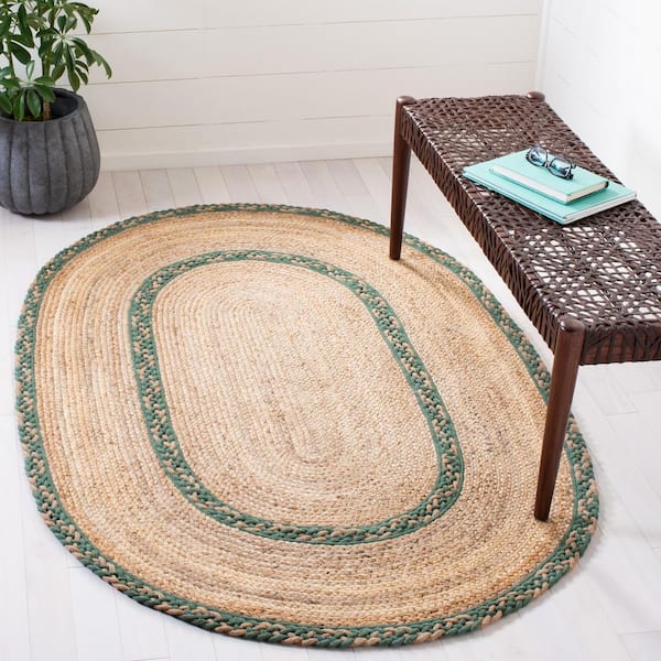 Natural Fiber Beige/Green 7 ft. x 9 ft. Border Woven Oval Area Rug