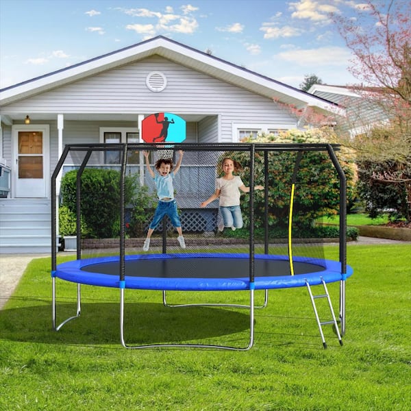 Kingdely 12 ft. Trampoline with Basketball Hoop and Enclosure Ladder Backboard Garden Outdoor KF020197-02-xin - The Home Depot