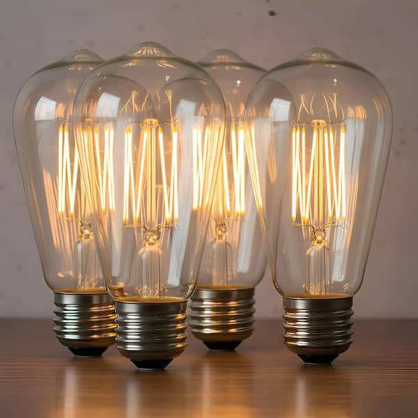ST58 E26 Medium Base 60 Watt Equivalent Vintage LED Edison Filament Light Bulb Warm White 2700K (4-Pack)