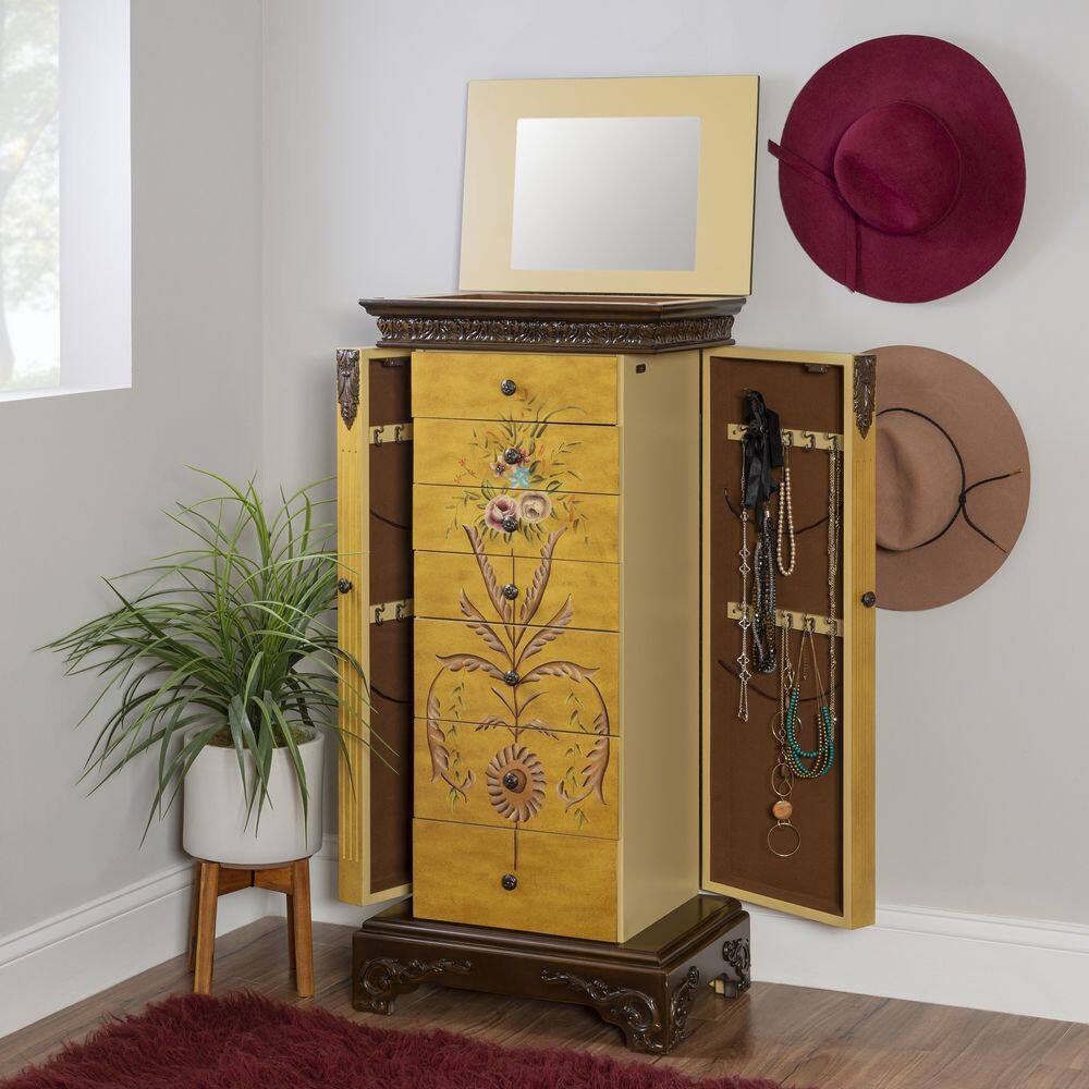 Antique Parchment Hand-Painted Floral Jewelry Armoire with Mirror
