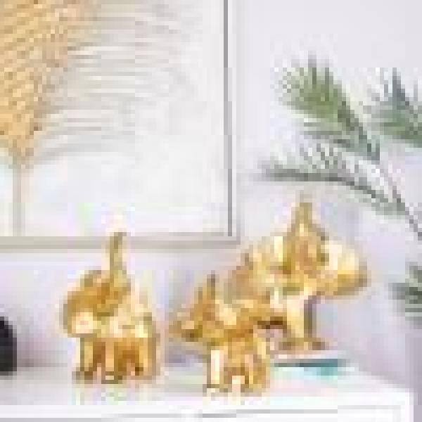 Gleaming Gold Porcelain Elephant Trio Statues