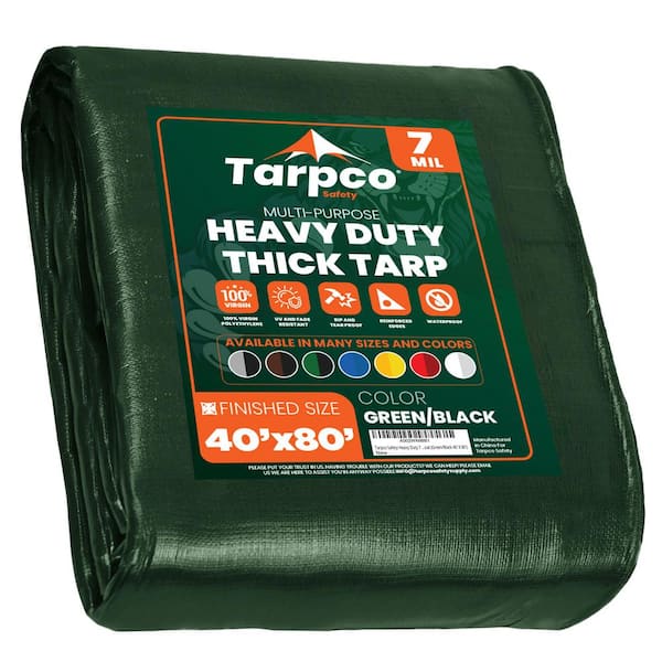 TARPCO SAFETY 40 ft. x 80 ft. Green/Black 7 Mil Heavy Duty Polyethylene Tarp, Waterproof, UV Resistant, Rip and Tear Proof