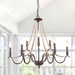 Boho 28 in. 9-Light Farmhouse Wood Beaded Dining Candle Chandelier with Rust Accents