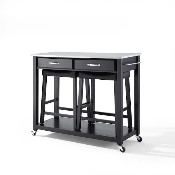 Crosley Black Kitchen Cart with Stainless Top and Stools