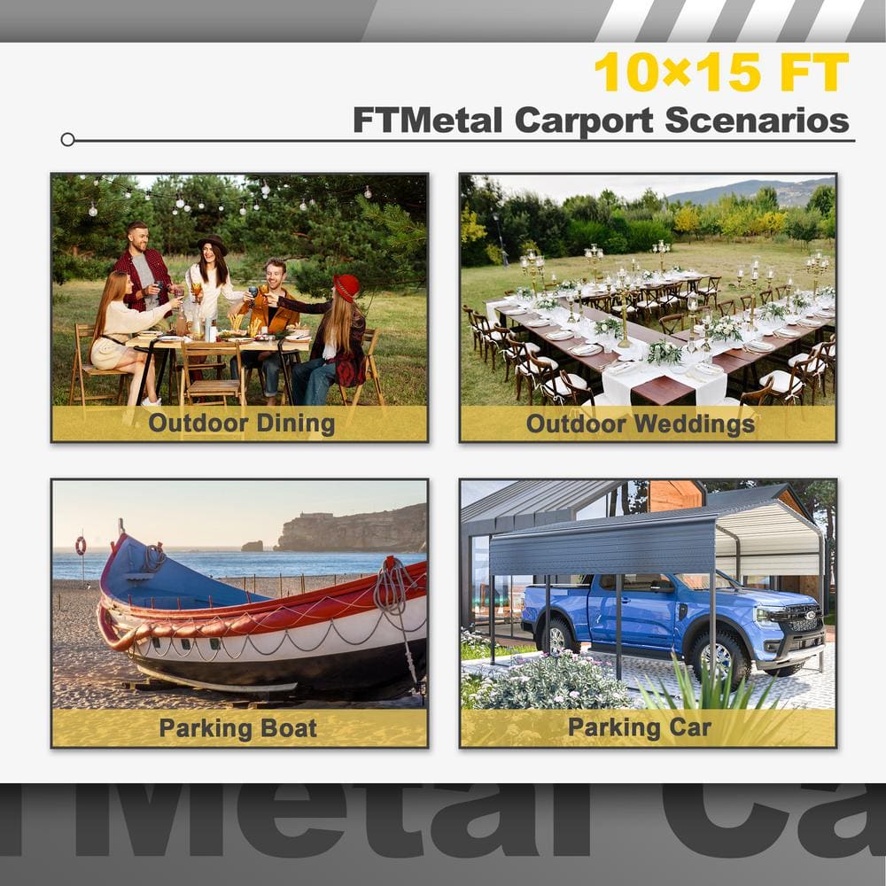 10 Ft. W x 15 Ft. D Gray Metal Carport with Peak Roof