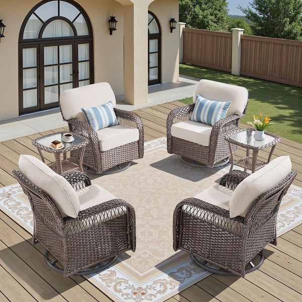 Tyber 6-Piece Brown Wicker Outdoor Rocking Chair Set Patio Furniture Swivel Glider Set with 5 in. Thick Beige Cushions