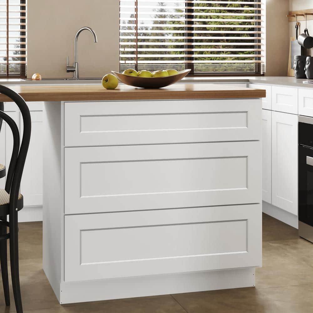 36 in. W x 24 in. D x 34.5 in. H Ready to Assemble Plywood Base Kitchen Cabinet with 3-Drawers in Shaker White price history on PriceWatchPro
