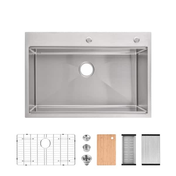 33 in. Drop-In Single Bowl 20 Gauge Silver Stainless Steel Kitchen Sink with Drain and Hook