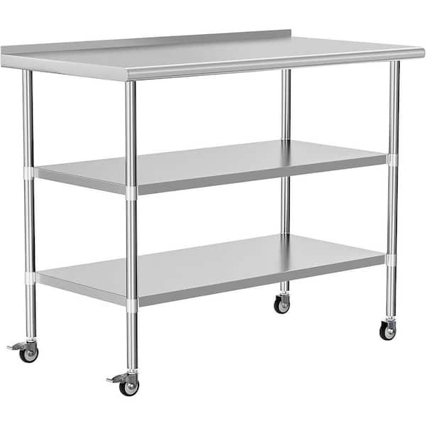 Adrinfly 24 in. x 48 in. Stainless Steel Kitchen Prep Table with 2-Adjustable Shelves, Backsplash and Wheels for Kitchen Garage