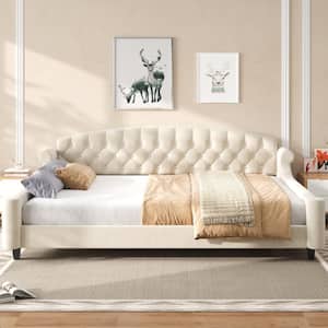 Beige Queen Daybed with Curved Tufted Velvet Upholstered Backrest