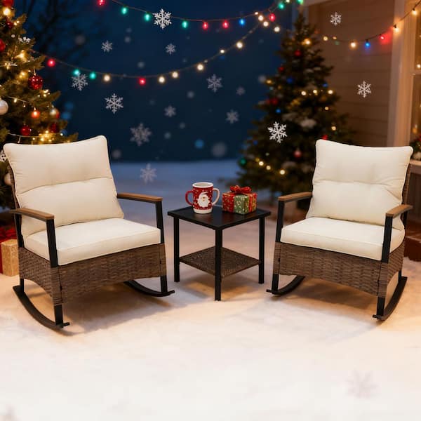 3-Piece Outdoor Rattan Patio Conversation Sectional Seating Set with Beige Cushions