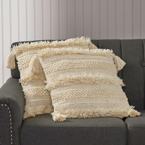 Noble House Broadview White and Silver Geometric Zipper 18 in. x 18 in. Throw Pillow Cover (Set of 2)