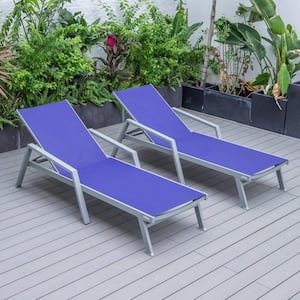 Grey Powder Coated Aluminum Frame Marlin Modern Patio Chaise Lounge Arm Chair with Navy Blue (Set of 2)