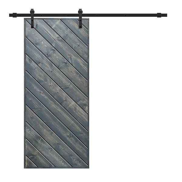 CALHOME Modern European 36 in. x 84 in. Pre Assembled Nickel Gray Stained Solid Wood Sliding Barn Door with Hardware Kit