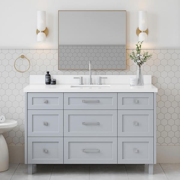 ARIEL Monroe 55 in. W x 22 in. D x 36 in. H Single Sink Bath Vanity in Grey with Pure White Quartz Top