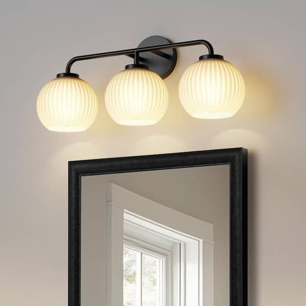 YANSUN 23 in. 3-Light Black Vanity Light with Globe White Glass Shades for Bathroom, Mirror, Vanity Area