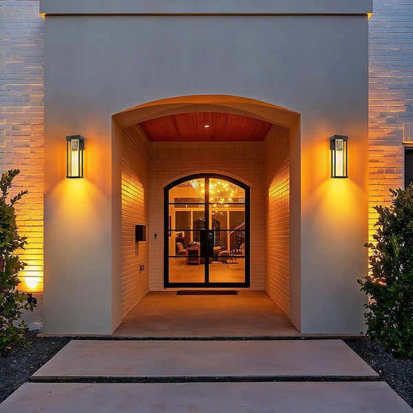 15 in. Black Motion Sensing Dusk to Dawn Outdoor Porch Hardwired LED Crystal Wall Lantern Sconce Lights(2-Pack)