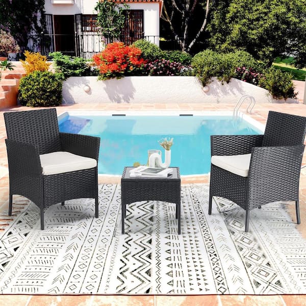 Yangming Outdoor Black 3-Piece Wicker Patio Conversation Furniture Bistro Set Porch Chairs with Coffee Table, Cushions Chairs