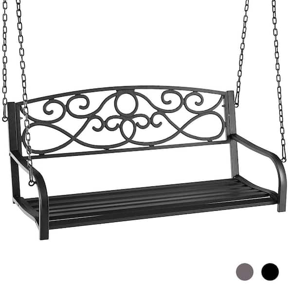 WELLFOR 2-Person Metal Porch Swing Chair with Chains in Black