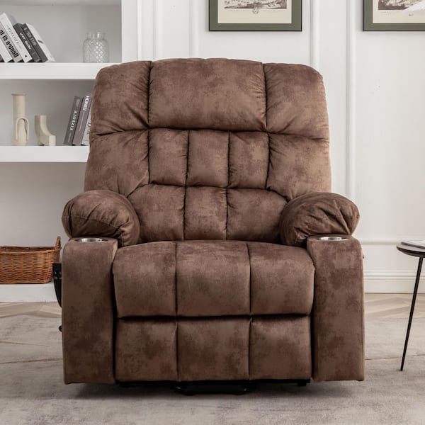 180° Lay Flat Dual Motor 25.59 in. Extra Wide Brown Short Plush Power Recliner Chair with Heat and Massage