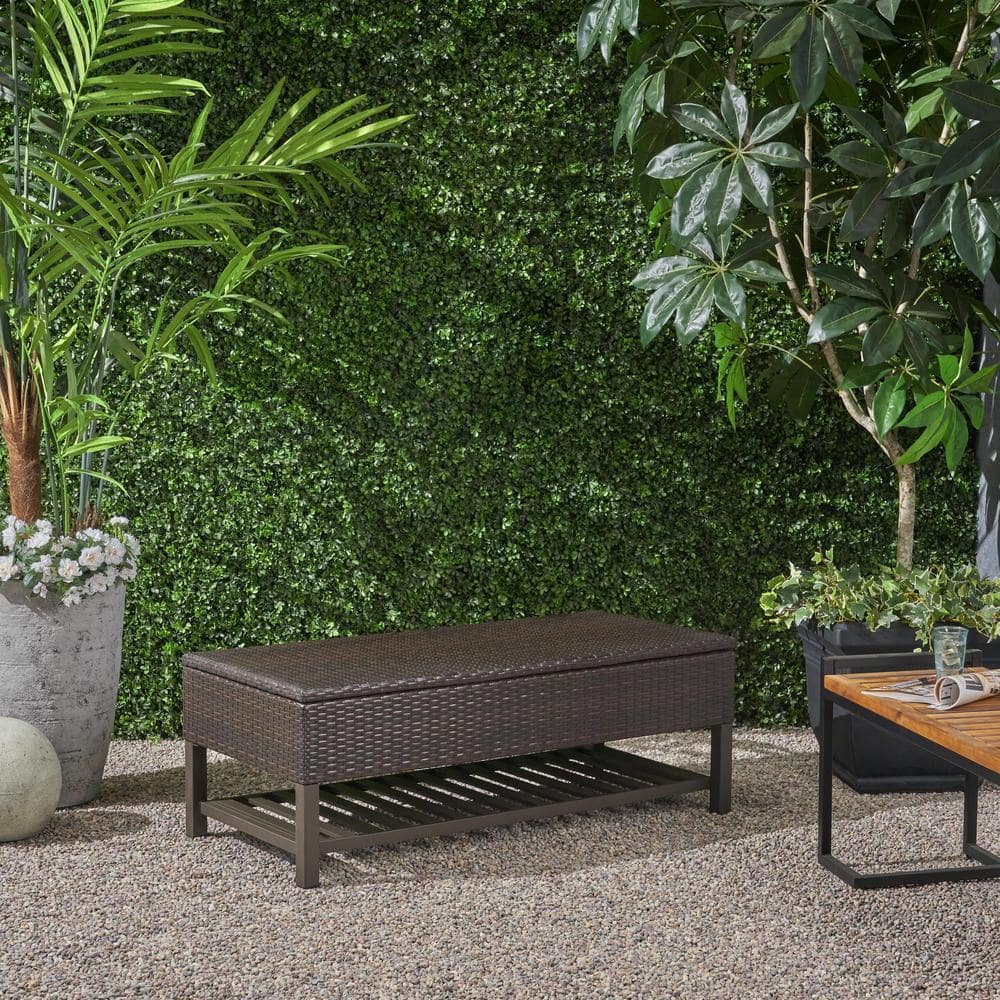 Madisyn Multibrown Wicker Outdoor Storage Bench with Shelf