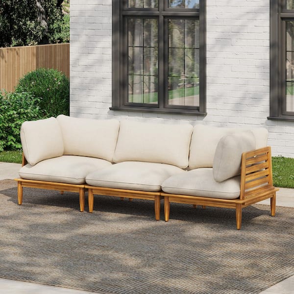 Sacova 3-Piece Armrest Solid Wood Patio Outdoor Sectional Sofa Set with Beige Cushions, Teak Finish Frame