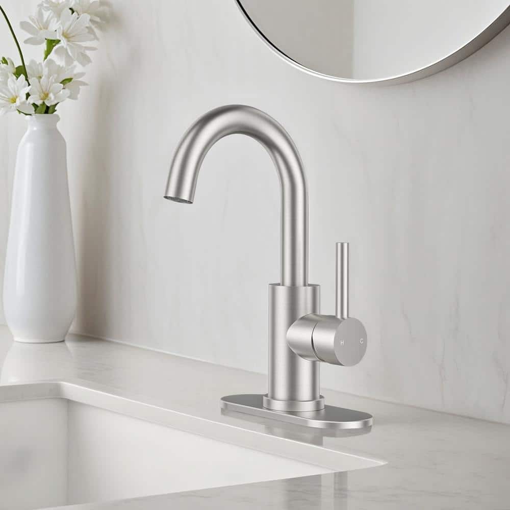 Brushed Nickel Single Handle High Arc Bathroom Faucet with Drain Kit