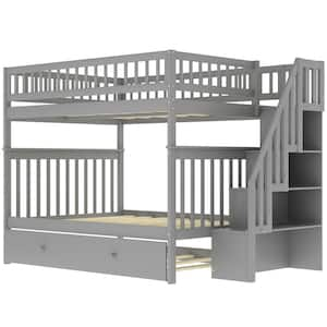 Gray Full Over Full Bunk Bed with Trundle and Staircase