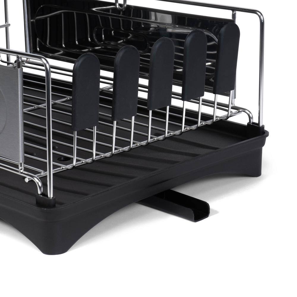 Compact 18.25" Stainless Steel 2-Tier Dish Drying Rack with Utensil Holder
