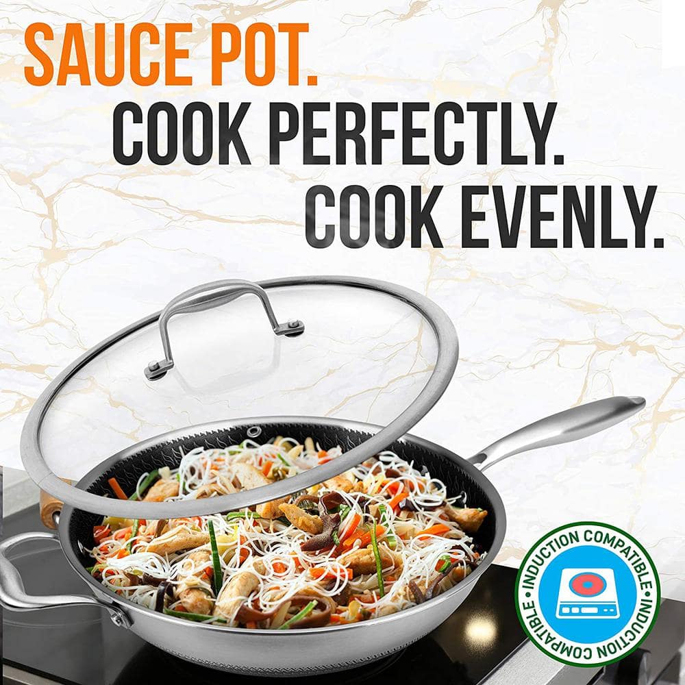 NutriChef 12-Inch Stainless Steel Nonstick Wok with Glass Lid