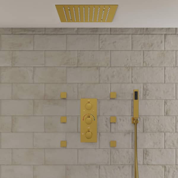 Full Spectrum LED 12 in. Triple Handle 5-Spray Ceiling Mount Shower Faucet 2.5 GPM with Body Spray in Brushed Gold