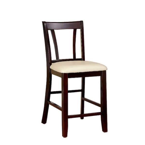 Benjara 36.75 in. Dark Cherry and Ivory Low Back Wood Frame Counter Height Stool Chair with Leatherette Seat