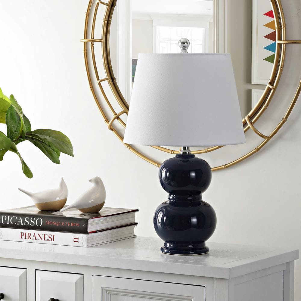 Navy Ceramic Double Gourd Table Lamp with White Shade