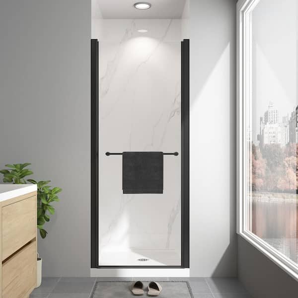 28 in.-30 in. W x 72 in. H Pivot Swing Frameless Shower Door in Matte Black with Clear Glass