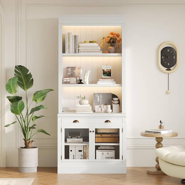 83.4 in. Tall White Solid Wood Bookcase with LED Lighting, 2 Glass Doors, 1 Drawer and Open Shelves