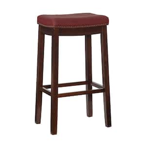 Concord 32 in. Brown Backless Wood Bar Stool with Red Faux Leather Seat