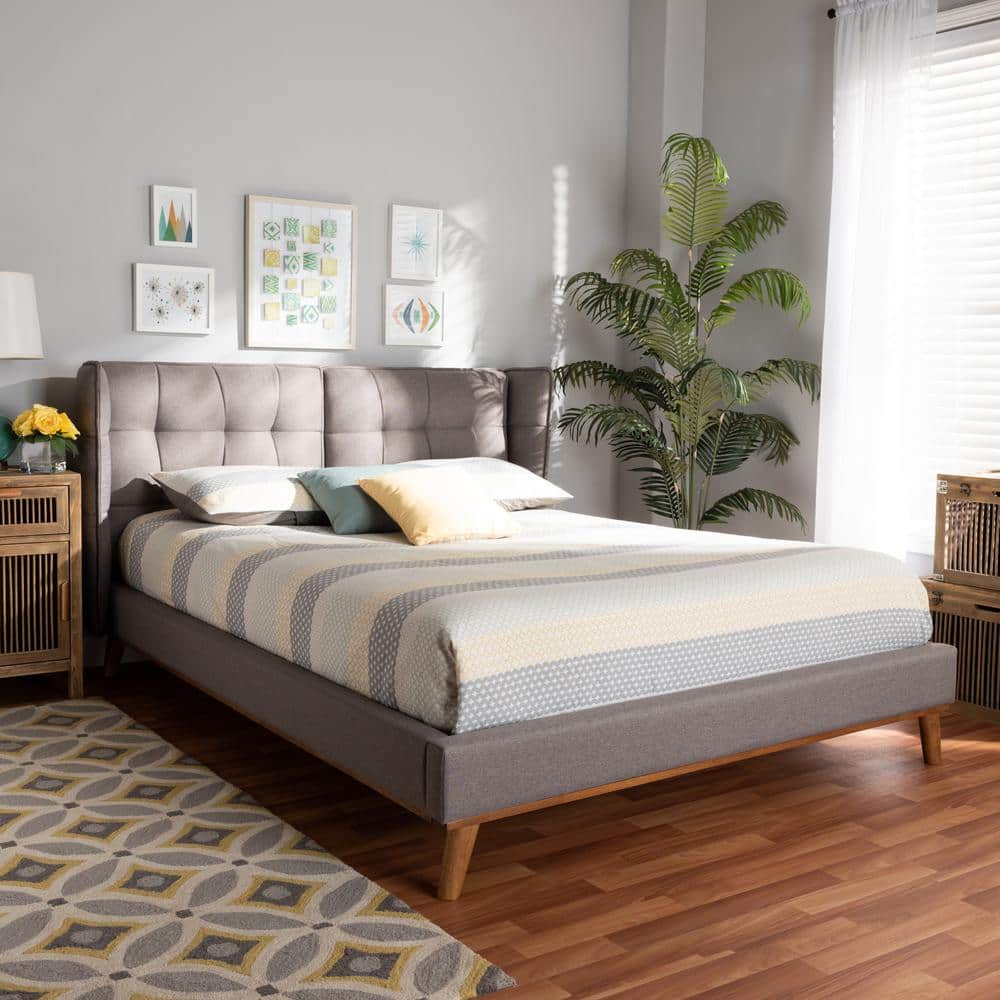 Elegant Queen-Sized Gray Upholstered Wingback Bed with Walnut Wood Frame